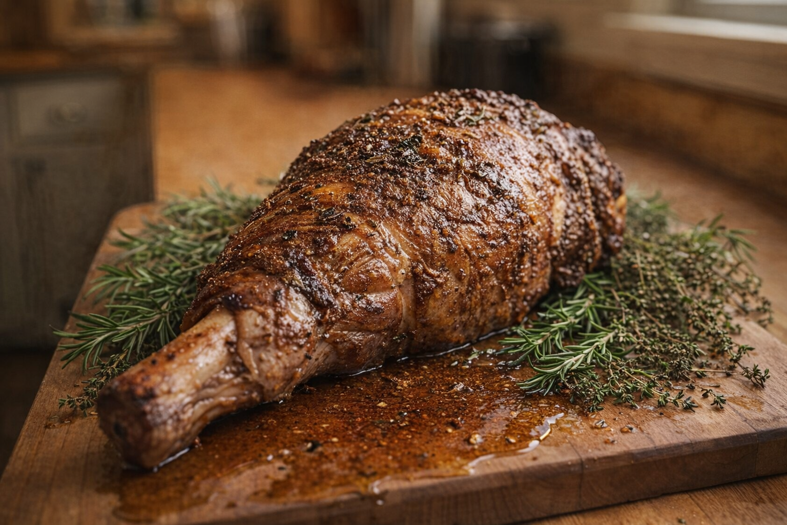 A beautifully roasted leg of lamb on a wooden cutting board, glistening with pan juices, surrounded by fresh herbs like rosemary and thyme, warm golden lighting